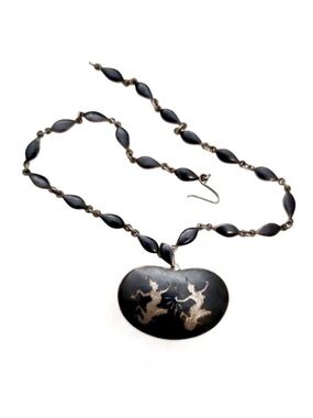 💎Siam Niello/Nielloware 50s Enamel Engraved Sterling Slvr Necklace w/Lg Pendant